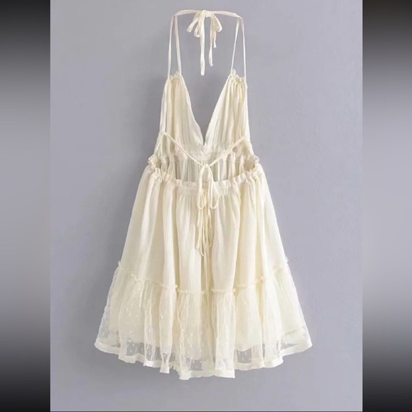 Boho Backless V Halter Swiss Dot Mini babydoll Dress Cream - Picture 14 of 15